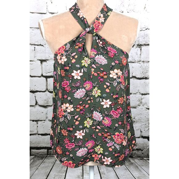 LOFT Summery Boho Cottage Floral Linen-Blend Halter Tank in Fresh Thyme Size XS - Picture 2 of 8
